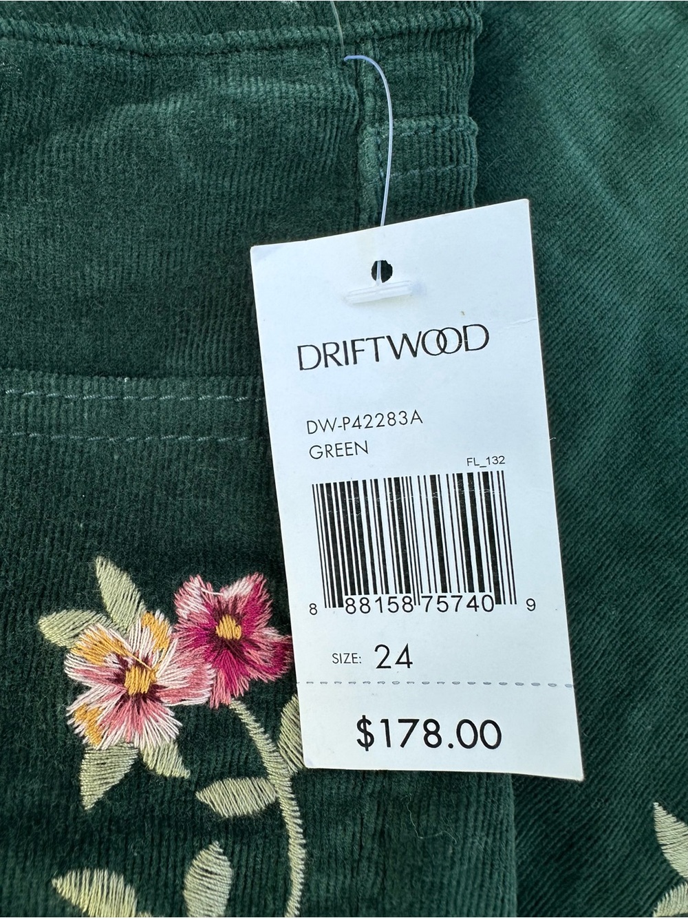 Driftwood Farrah Corduroy Embroidered Floral Flare Pants|Dark Green multi NWT~24 - Picture 6 of 6